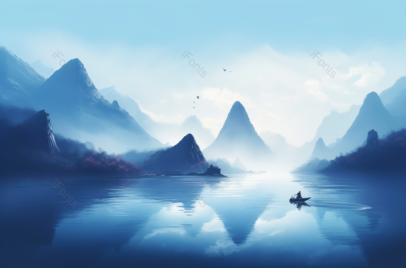 中式蓝色水墨山水画,插画/手绘图,插画/手绘图库,插画/手绘图下载,插画/手绘